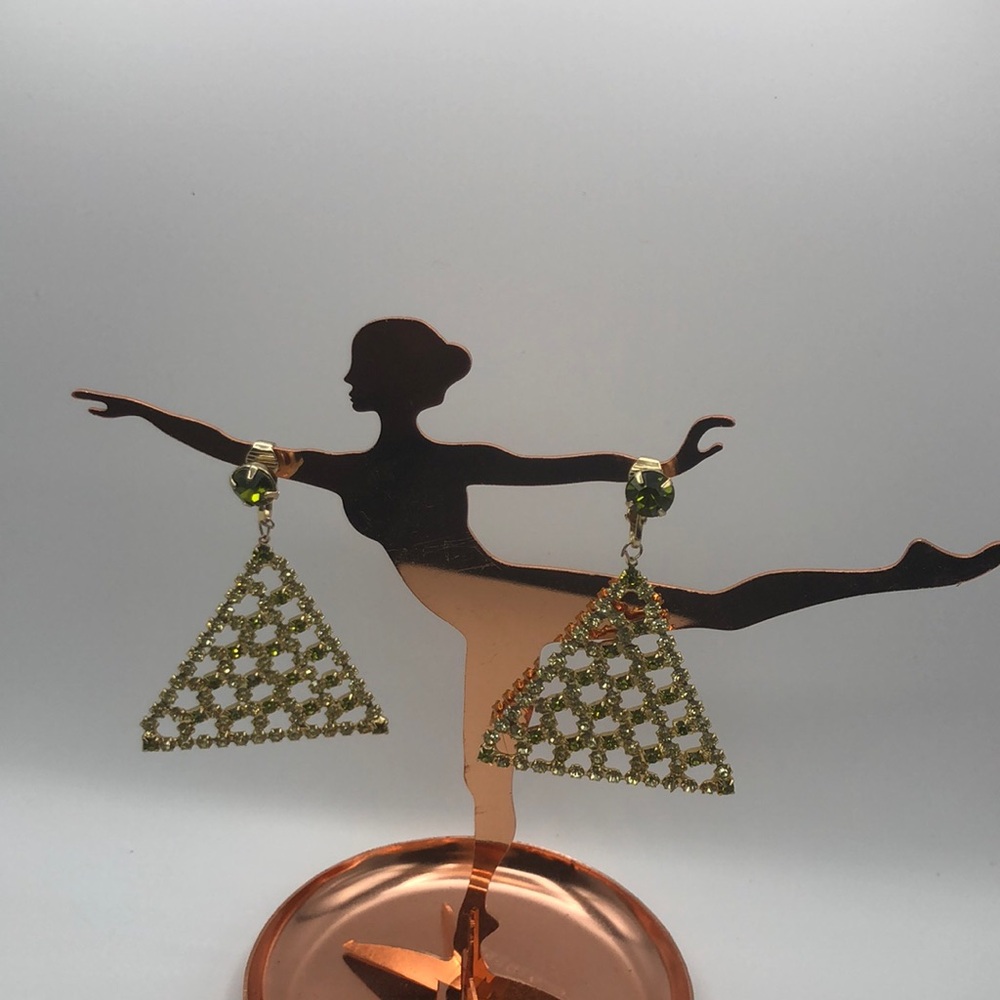 Stunning Sparkling Earrings Vintage Gold Tone Green, Clear